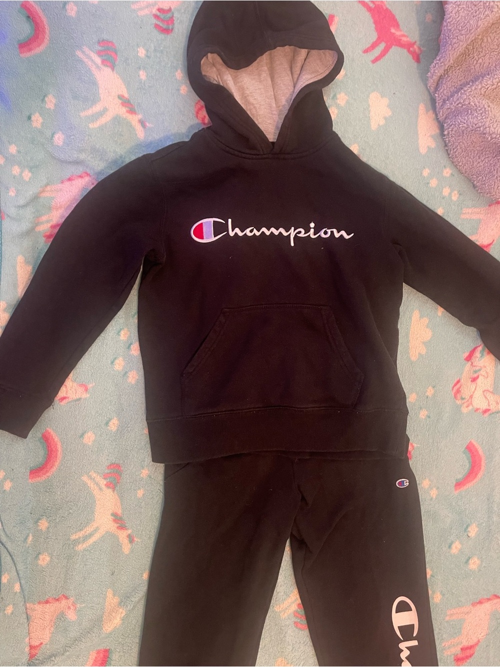 Champion Black Kids Hoodie with White Script and Red/Blue Logo